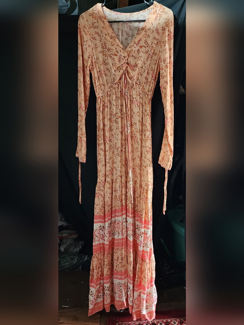 Peach Floral Tie-Front Long Sleeve Dress
